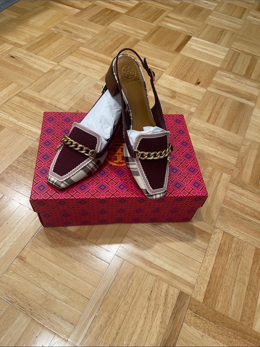 Women's Burgundy Plaid slingback loafer. - Picture 3 of 6